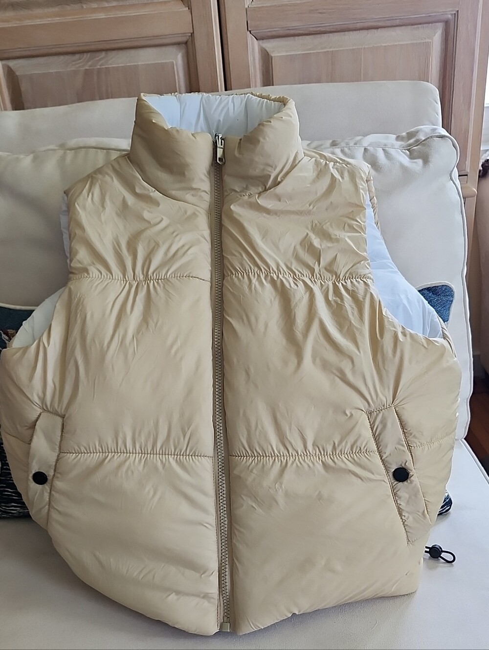 Women's Cream Quilted Puffer Vest with High Collar